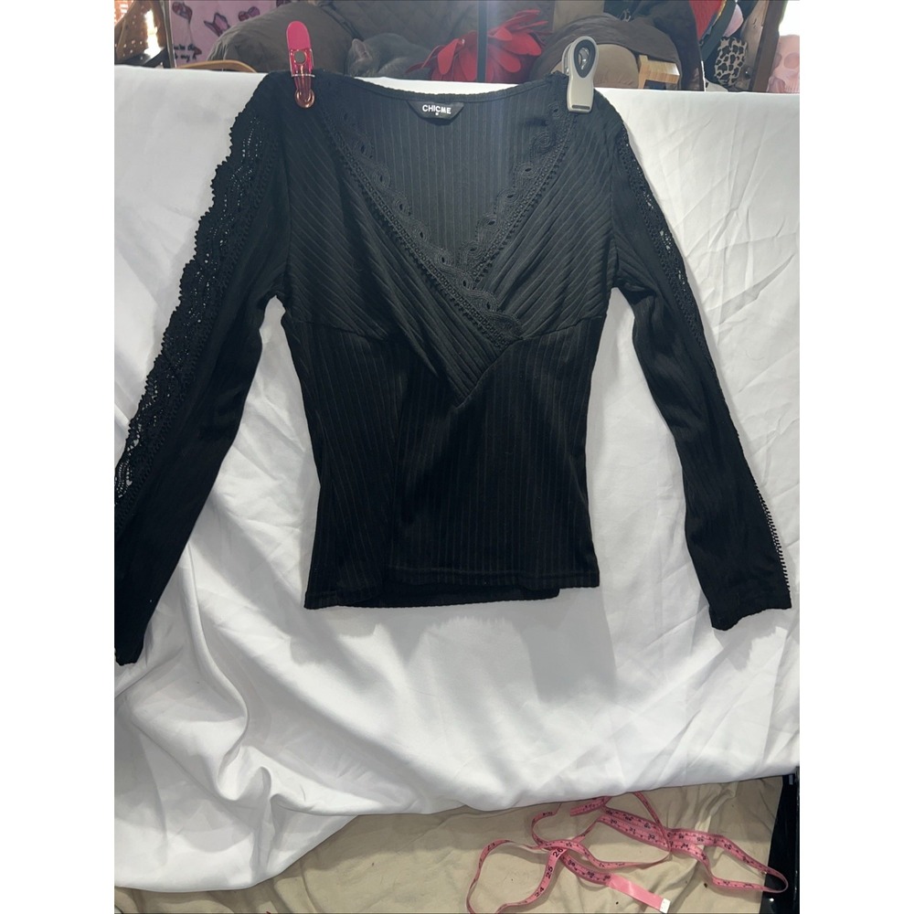 Chicme medium woman's Black V Neck Long lace Sleeve Top sexy fall stretchy 91